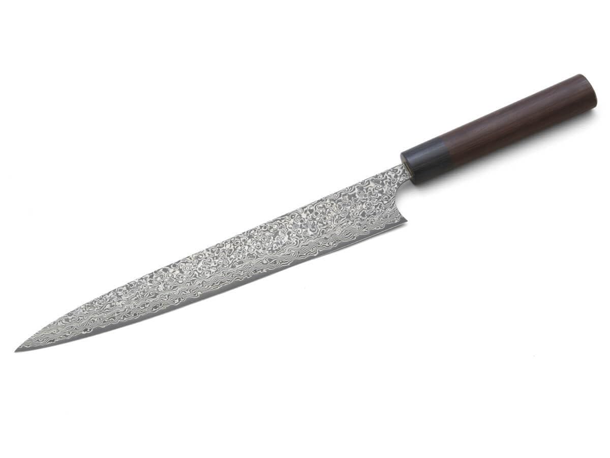 Damast Profi-Messer YANAGIBA Kurosome Yoshimi Kato. Klingen-Länge 27cm. VG-10 Schneidkern, 30 Lagen Damast, hand-geschmiedet. Runder Echt-Holz-Griff aus hochwertigem Rosenholz-Palisander