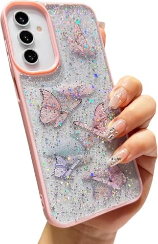 Image of VONZEE for Samsung Galaxy S25 Ultra Clear Glitter Butterfly Case, Cute Bling Sparkle Shiny Soft Silicone TPU Bumper Shockproof Women Girls Slim Protective Phone Cover for Galaxy S25 Ultra, Pink