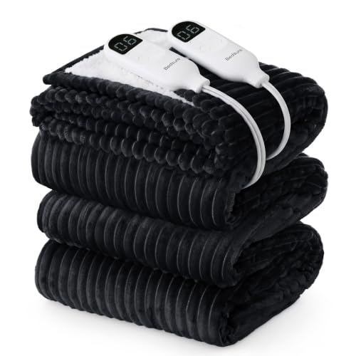 Image of Bedsure Ribbed Electric Blanket Queen, Black Heated Blanket, Preheat | Fast Heating, Dual Control, 6 Heat & 6 Timer (Up to 10H) Settings, 8 Hours Auto-Off, ETL & FCC, Gifts for Grandma, 84 inchx90 inch