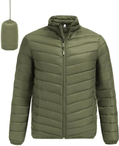 COOFANDY Mens Puffy Jackets Packable Puffer Coat Stand Collar Puffer Jacket with Zipper Pockets, Army Green, L