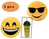 ML Pack 2 x Cojín Emoji con Gafas + un Vaso Emoticono con Pajita. Almohada Emoji Emoticon Relleno Suave Juguete de Peluche