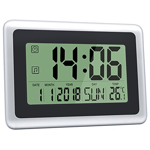 HeQiao Digital Wall Clocks Large Decorative LCD Alarm Clock (Black w/Silver)