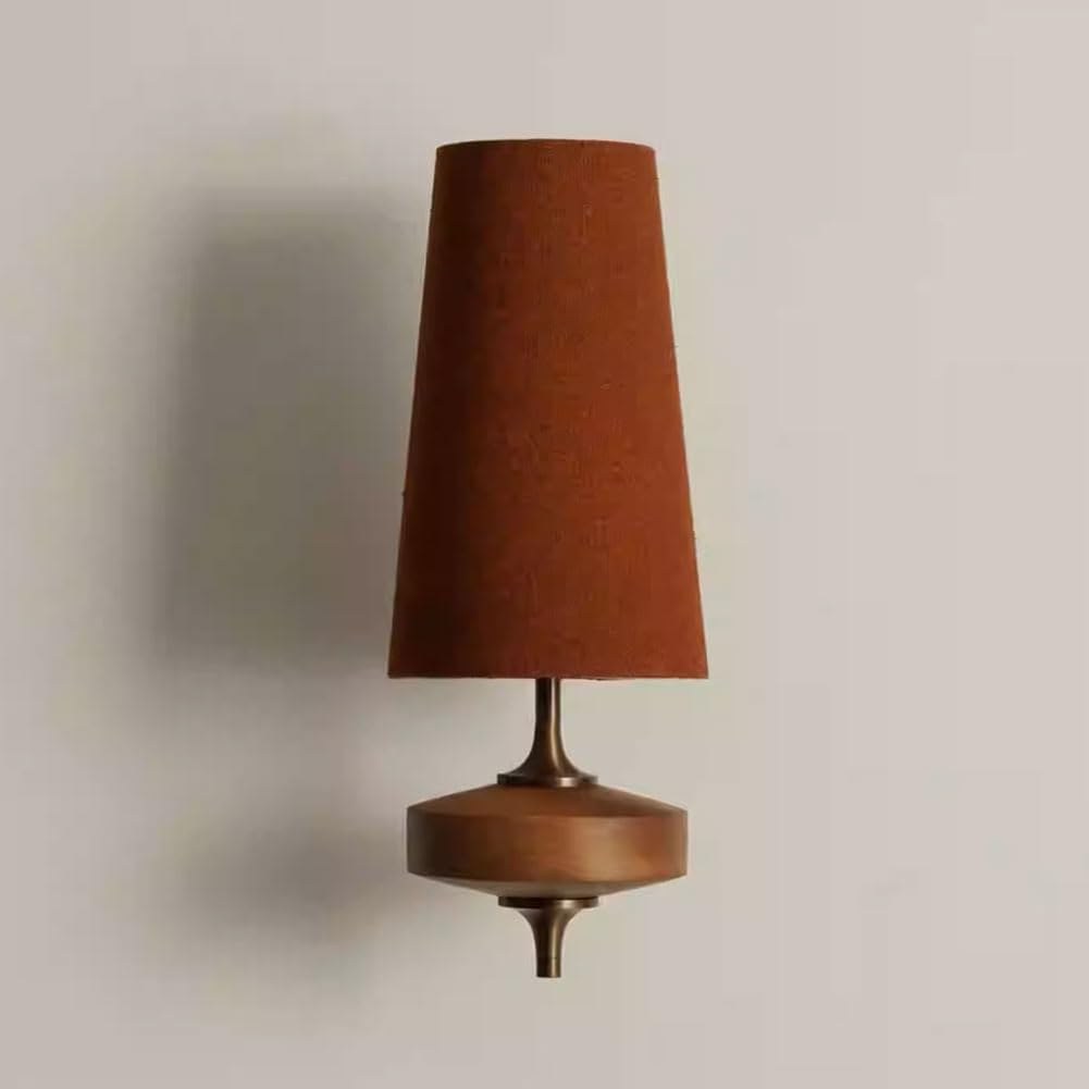 LOGT Tapered Fabric Shade Wall Sconce, Mid-Century Style, Wood and Brass Wall Lamp, Retro Industrial Style, Bedroom Lamp, Wall Lighting for Sofa, Entryway, and Hallway,Red