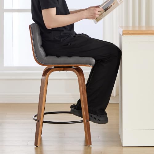 Image of Swivel Bar Stools Set of 1,26 inch Faux Leather Counter Height Barstools with Back,Mid Century Modern Upholstered Bar Chairs with Bentwood Legs Island Stools for Kitchen Counter Darkgrey