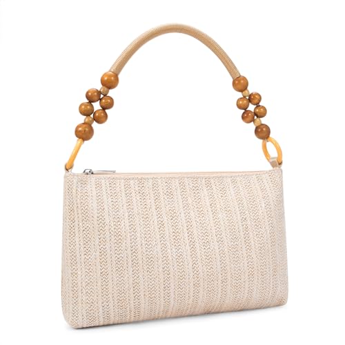 Image of YYW Straw Beach Bag with Zipper Straw Purse Beach Purse Weave Shoulder Vacation Tote Handbags