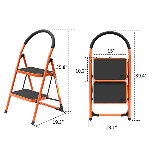 Luisladders 2 Step Ladder Anti-Slip Folding Stool Sturdy Steel Ladder 330lbs EN131 Lightweight with Handgrip Anti-Slip and Wide Pedal