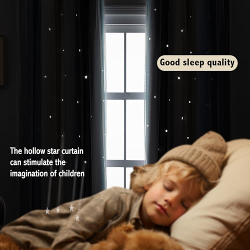 Image of indistar Star Blackout Curtains for Girls Kids Bedroom, Colourful Stripe Window Curtain Panels, 2 Layer Lace Drapes, Room Darkening Curtain for Living Room Decor, 1 Panel(Blue W52 x L63 inch)