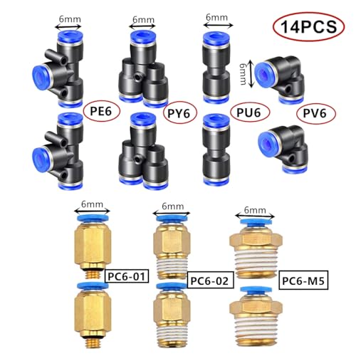 HUAZIZ 10 m Polyurethane Pneumatic Hose 6 mm Black, PU Air Hose, with 14 4 mm Pneumatic Connector (2 Straight, 2 Elbows, 2 T-Connectors, 2 Y Separators, 6 Male Threaded Fittings)
