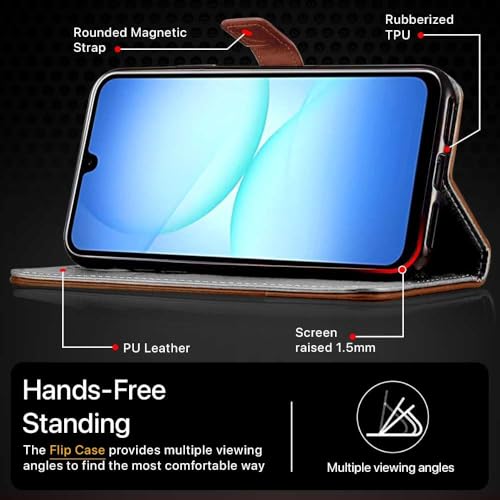Image of FLIPPED Vegan Leather Flip Case Back Cover for Samsung Galaxy M17 5G | A17 5G | F17 5G (Flexible, Shock Proof | Hand Stitched Leather Finish | Card Pockets Wallet & Stand | Tan with Brown)