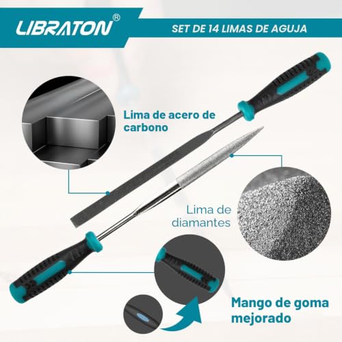 Miniatura 4 de Libraton Limas De Aguja, Limas Pequeñas, Mini Limas, Juego De 14 Escofinas De Agujas Incluye 6 Limas De Diamante Y 6 Limas De Acero Al Carbono, Cortador Alambre Y Cepillo, Para Madera Metal Joyería