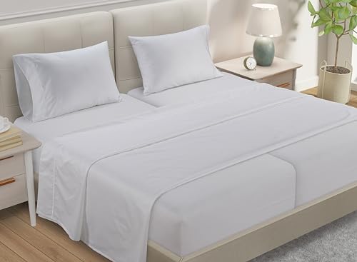 Image of Split King Size Sheets Set, 800 TC Sateen Weave Split King sheets - White | 100% Cotton Sheet & Pillowcase Sets, Fully elasticized, Buttery Soft & Breathable, Luxury Hotel Collection White Bedding
