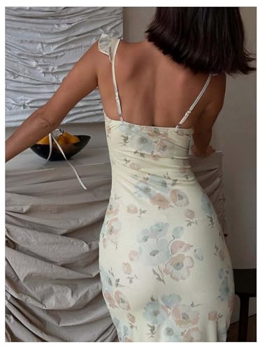 Milumia Women's Floral Tie Front Ruffle Trim Long Dress Summer V Neck Sleeveless Bodycon Maxi Dresses3