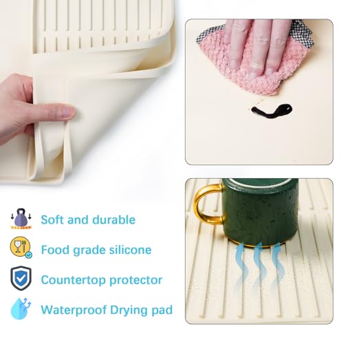 Golener Silicone Coffee Mat Set - 24\" x 16\" Coffee Bar Mat for Countertop, Kitchen Station Pad Accessories Fit Under Cafe Maker Espresso Machine, Dish Drying Mat, Heat Resistant Kitchen Pad, Beige