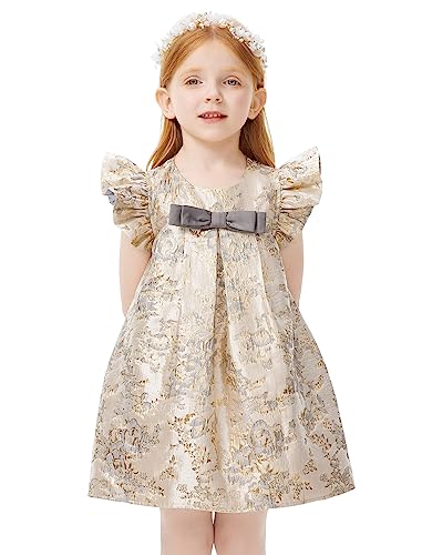 Girls Floral Dress Ruffle Sleeve A-Line Golden Jacquard Midi Dress for Girls Festival
