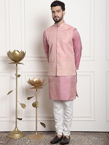 Image of SOJANYA (Since 1958 Men's Jacquard Silk Kurta and Pyjama with Nehru Jacket