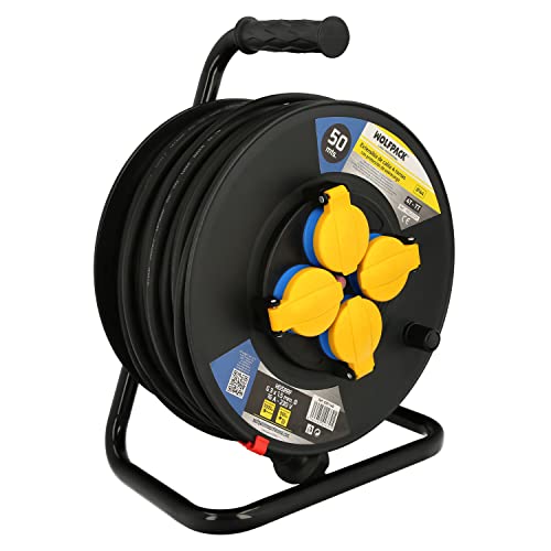 WOLFPACK LINEA PROFESIONAL - Extensible Industrial 50 metros Protección IP44 Con Tapas, Extensible Electrico, Enrollacables, Alaragadera, Cable Extensible