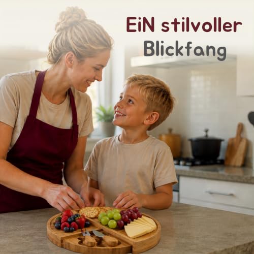 Bambus Käsebrett mit Käsemesser Set, 4 Lagen Rundes Käseplatte Servierbrett für Käse und Häppchen, Charcuterie Board, Drehplatte Servierplatte Holz drehbar, Serving Plate mit Käsemessern – Bild 5