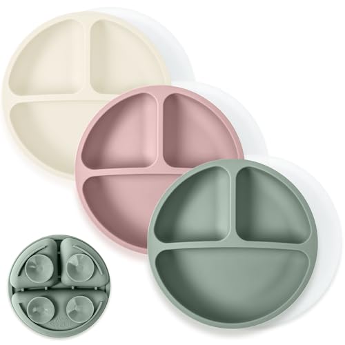 WeeSprout Suction Plates with Lids for Babies & Toddlers - 100% Silicone, Dinnerware Stays Put, Divided Design for Picky Eaters, Microwave & Dishwasher Friendly, 3 Pack