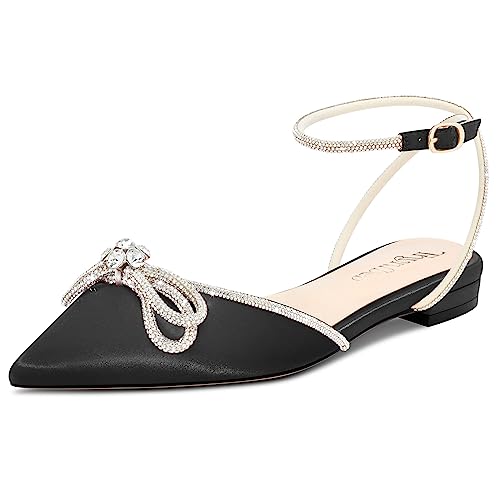 TNYNFBEB Womens Chunky Block Low Heel Pointed Toe Pumps Ankle Strap Buckle Rhinestone Crystal Party Glitter Cute 0.6 Inches Heels