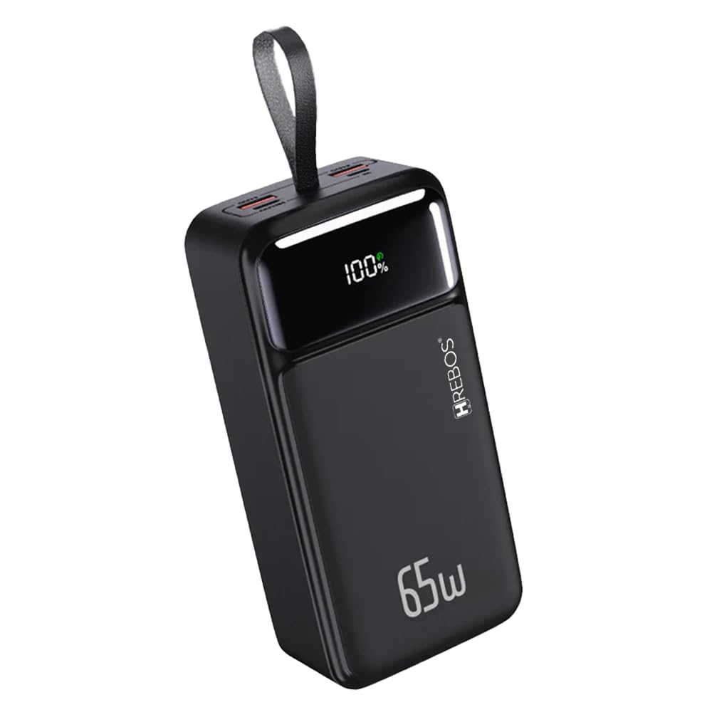 Hrebos Premium PB-958 65W 30000mAh Power Bank with digital display and carrying strap.