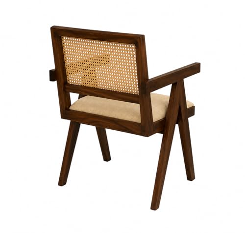 Image of WELL KNOWN Solid Sheesham Wood Arm Chair with Cushion & Cane Back Support | Wooden Armchair for Living Room Bedroom Balcony | Indoor Outdoor Wooden Accent Chair Furniture (Nature Finish)
