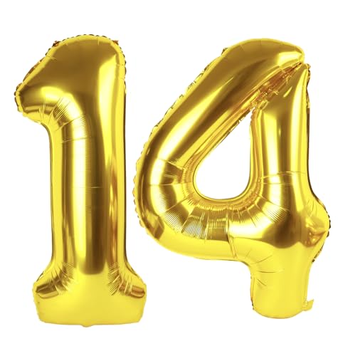 Image of Gold Number 14 Balloon 40 inch, 14 Number Balloons, 14th Gold Birthday Decorations, 14 Year Old Golden Party Supplies