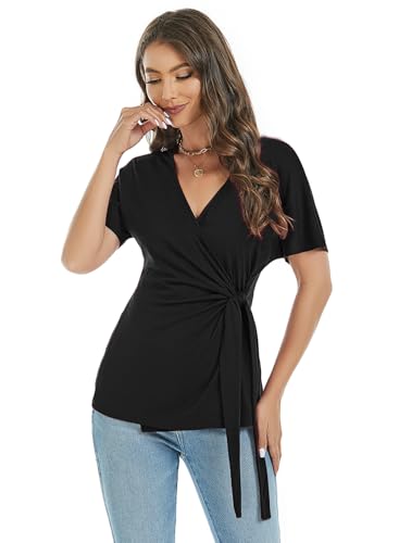 LEIYEE Womens Summer V Neck Short Sleeve Wrap Tops Casual Cute Front Twist Tie Knot Shirts Blouse2