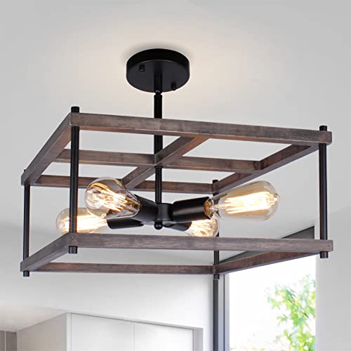 4-Light Farmhouse Semi Flush Mount Ceiling Light Fixture, Rustic Retro Wood Ceiling Light, Black Metal Industrial Farmhouse Ceiling Lights for Living Dining Room Hallway Kitchen Entryway