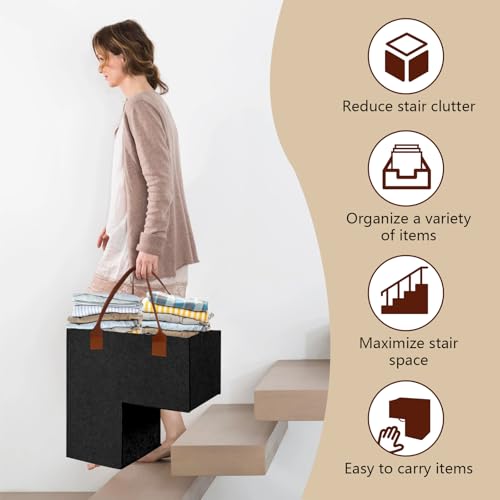 Treppen Organizer Korb aus Filz, Treppenkorb Stufenkorb, Faltbarer L-Form Treppenorganizer, Treppenkörbe Große, Treppenkorb mit Kunstleder-Griffen Treppenkorb für Wäsche, Spielzeug, Möbelwaren