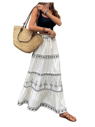 SOLY HUX Women's Boho Maxi Skirt Tie Front High Waisted A Line Ruffle Hem Flowy Long Summer Skirts