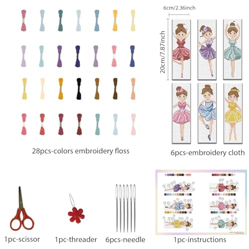Image of FREEBLOSS 6 Set Cross Stitch Kits with Instructions - Cartoon Ballerina Pattern Punch Needle Kit for Beginners - Gift Bookmarks