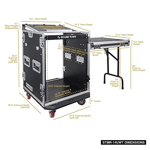 Sound Town 14U Pa Dj Rack/Road Ata Case With 11U Slant Mixer Top, 20’’ Rackable Depth, Dj Work Table And Casters, 14 Space Size, Pro Tour Grade (Stmr-14Uwt) #TOP5