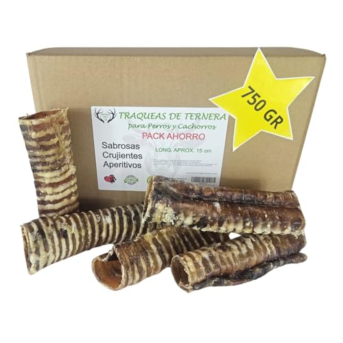 ARTISAN GIFT CO Tráqueas para Perros – Snacks Naturales deshidratados – Tráqueas de Ternera Perro – Long. Aprox. 15 cm - Pack 750 g - más de 9 unds.