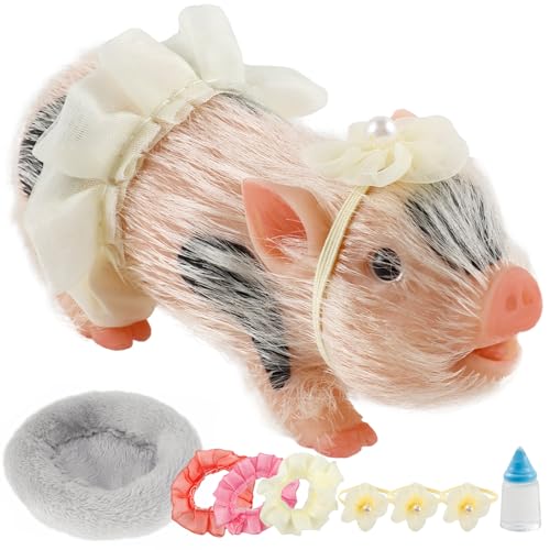 HOTBEST Silicone Pig Silicone 5 Inch Lifelike Pig Doll with Nursing Bottle and Clothing Accessories Cute Realistic Miniature Reborn Interesting Full Body Toys (White G)