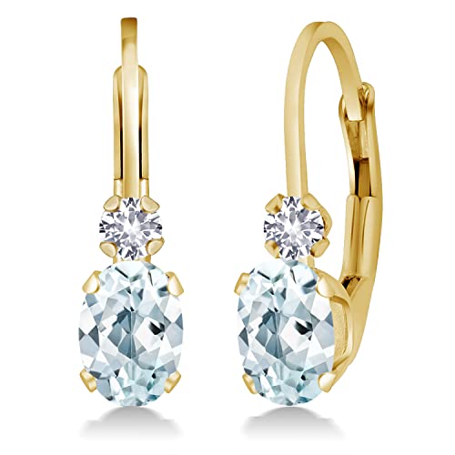 Gem Stone King 14K Yellow Gold Sky Blue Aquamarine and White Created Sapphire Leverback Earrings For Women | 0.94 Cttw | Gemstone March Birthstone | Oval 6X4MM, Round 2MM | 3/4 Inch