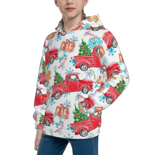 Watercolor Red Truck And Fir Tree Kid Hoodies Boys Sweatshirts Girls Pullover with Pocket2