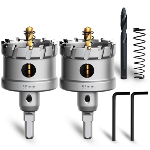 METOTY 55mm 2PCS Carbide Hole Saw Set,Heavy Duty Tungsten Carbide Tipped Hole Cutters Set with a nitrided Step Drill and L-flench, for Steel Iron,Aluminum,Stainless stell,Plastic​