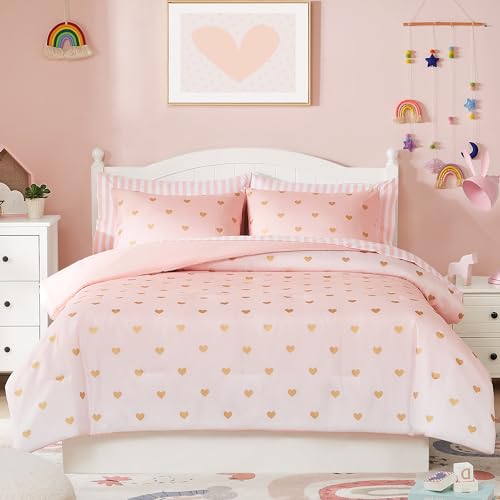 Twin Comforter Set with Sheets for Girls-5 Pieces Twin Bedding Sets with Pink Comforter, Sheets, Pillowcase & Sham for Kids (Pink Gold Heart, 66" X 86")
