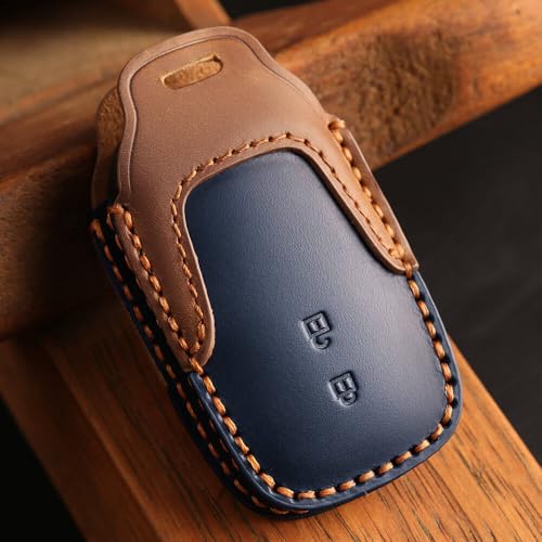 Image of Keyzone Dual Leather Key Cover for Toyota Innova Crysta, Innova HyCross, Hilux 2 Button smart Key (Blue-Brown)