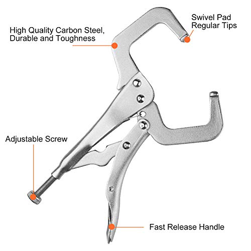 Aselected ASUS-LOCKINGPLIERS-6X11-4PCS-190701 4 Piece C-Locking Pliers, 6 Inch And 11 Inch C-Clamp Locking Pliers With Regular Tip And Swivel Pads, Nickel Plated C Pliers Welding Vise Grip Clamps thumb #3