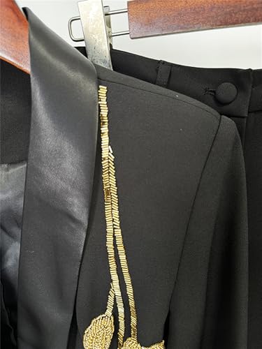 Women's 2025 Designer Suit Set Handmade Gold Beads Appliques Shawl Collar Slim Fit Blazer Flare Pants Set 2pcs4