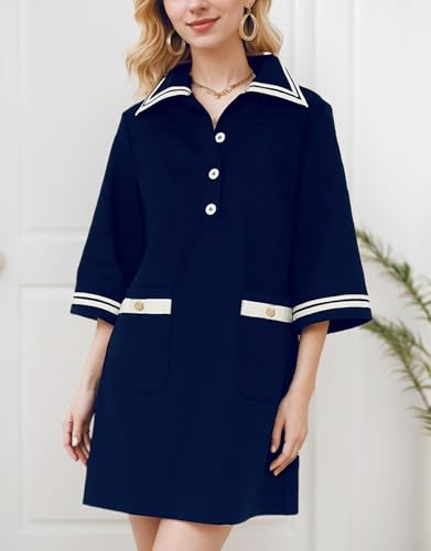 Image of Kedera Women Short Sleeves Button Shift Dress V Neck Summer Tshirt Dress with Pockets