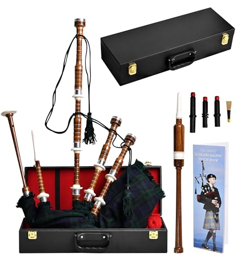 Highland Redstone Scottish Bagpipe – Full Size Cocuswood Bagpipe in Rosewood Finish with Silver Plain Mounts & Free Tutor Book in Various Tartans (Black Watch Tartan)