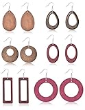 Afeiyaa 6 Pairs Statement Dangle Natural Wood Teardrop Geometric Earrings Stainless Steel Stud Bohem
