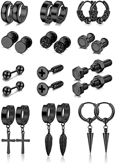 CASSIECA 9-12 Pairs Earrings for Men Black Silver Stud Hoop Earrings for Mens Boys Tiny Ball Barbell Screw Studs Cartilage Earrings Stainless Steel Earrings Set for Him