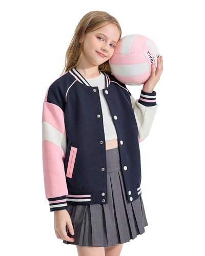 Rolanko Girls Varsity Jackets Baseball Bomber Color Block Letterman Jacket Outwear With Pockets 7-15 Years3