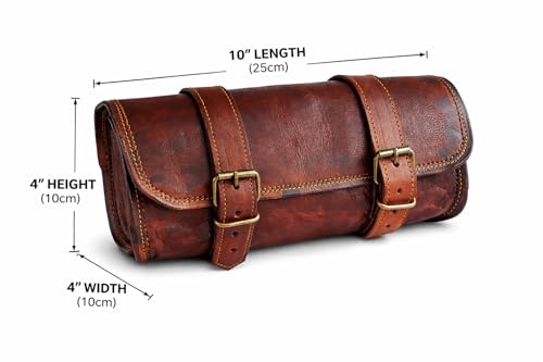 Image of american blue Vintage Genuine Goat Leather Motorcycle Bag 2 Strap Buckle Closure Brown Tool Bag Quick Release Reinforced Handlebar Fork Leather Bike Bag (Pattern 10)