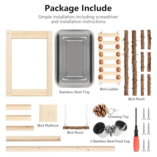 Image of Wood Pet Parrot Playground Bird Play Stand Toys Perch with Feeder Cups for Cockatiel Parakeet Lovebirds Conure (Natural)