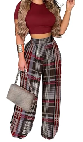 BFFBABY 2 Piece Outfits for Women Sexy Backless Short Sleeve Crop Top High Waist Wide Leg Long Pant Sets Tracksuit Sport Set