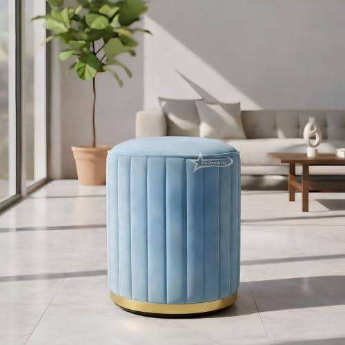 Image of Upholstered Round Linen Strip Stool Living Room Foot Rest Office Stool Pouf Ottoman Padded Seat (Sky Blue)